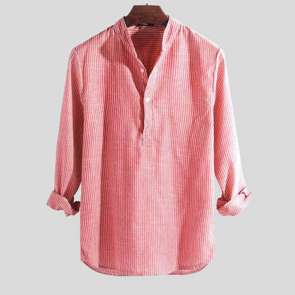 Men's Relaxed-Fit Striped Linen Stand Collar Shirt - Side Angle | Lavisa