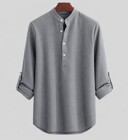 Men's Relaxed-Fit Striped Linen Stand Collar Shirt - Back View | Lavisa