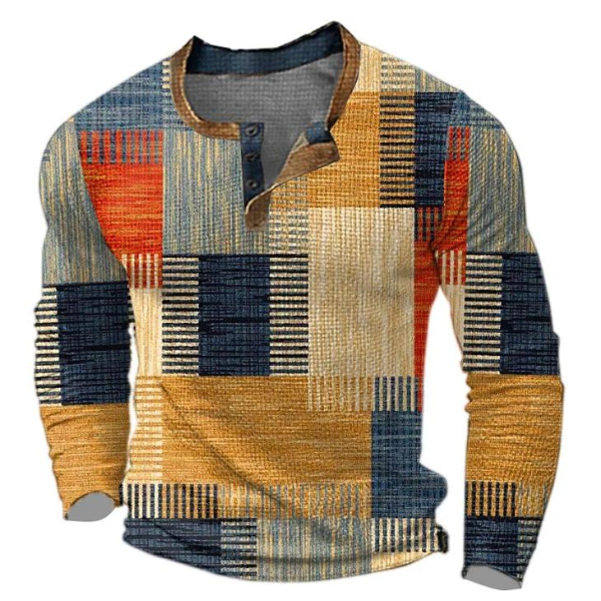 Men's Retro Colour Block Long Sleeve Henley Knit Sweater - Front View | Lavisa