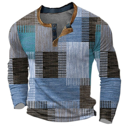 Men's Retro Colour Block Long Sleeve Henley Knit Sweater - Back View | Lavisa