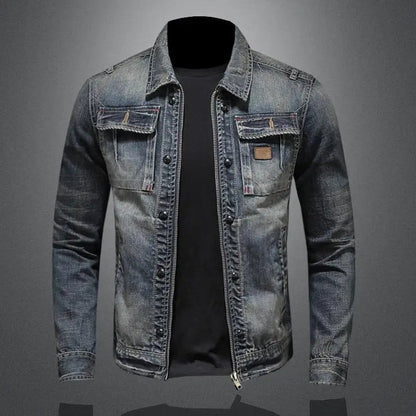 Men's Retro Vintage Washed Denim Jacket Zip-Up Outerwear - Front View | Lavisa