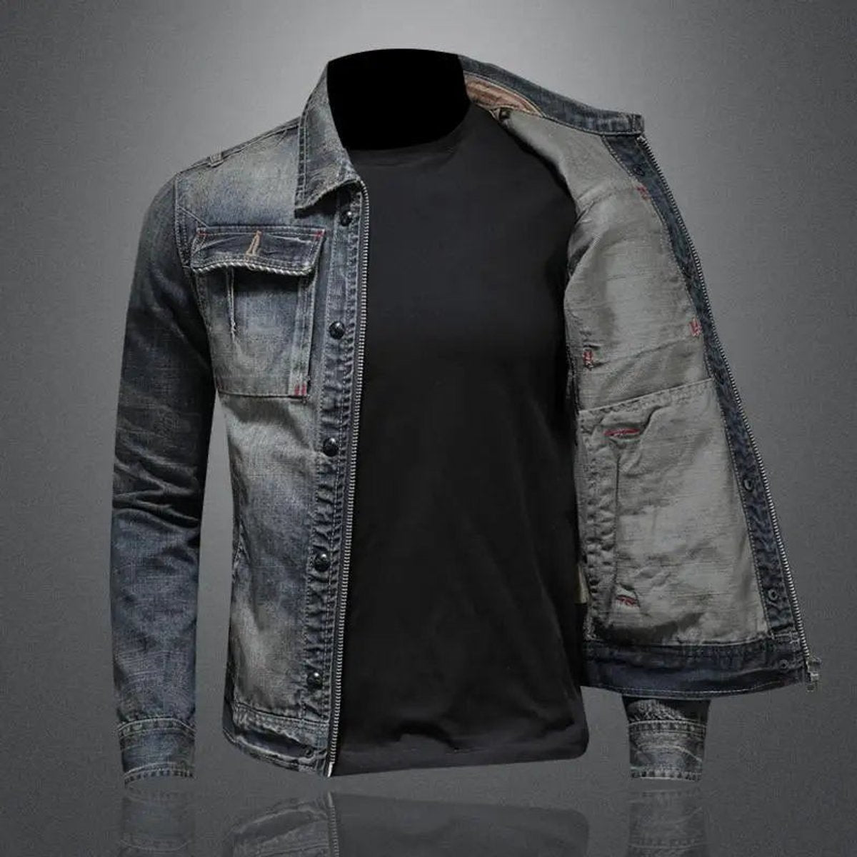 Men's Retro Vintage Washed Denim Jacket Zip-Up Outerwear - Side Angle | Lavisa