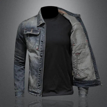 Men's Retro Vintage Washed Denim Jacket Zip-Up Outerwear - Side Angle | Lavisa