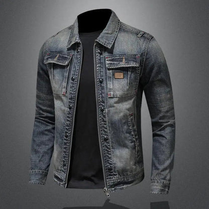 Men's Retro Vintage Washed Denim Jacket Zip-Up Outerwear - Back View | Lavisa