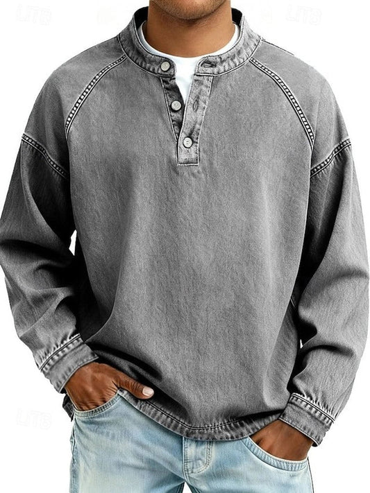 Lavisa - Men's Retro Washed Henley Long-Sleeve Knit Sweater Pullover