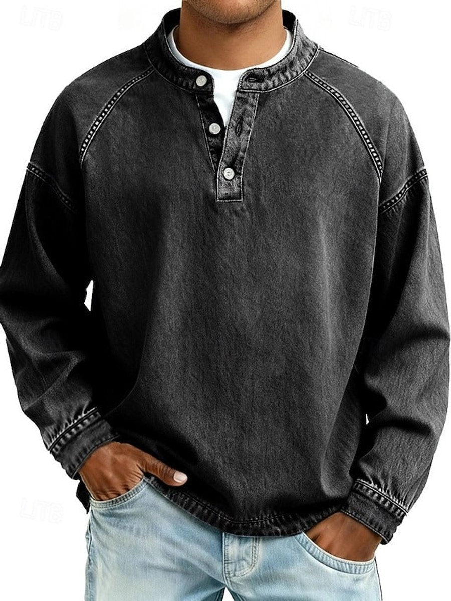 Men's Retro Washed Henley Long-Sleeve Knit Sweater Pullover - Side Angle | Lavisa