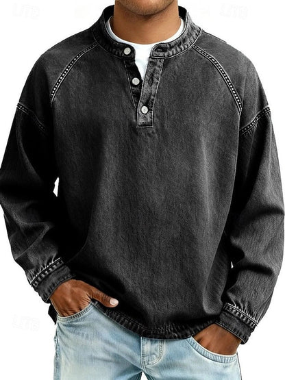 Men's Retro Washed Henley Long-Sleeve Knit Sweater Pullover - Side Angle | Lavisa