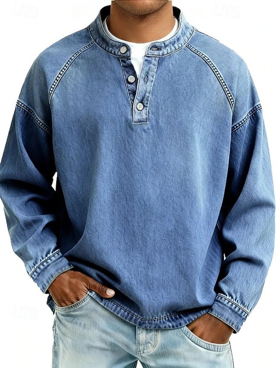 Men's Retro Washed Henley Long-Sleeve Knit Sweater Pullover - Back View | Lavisa