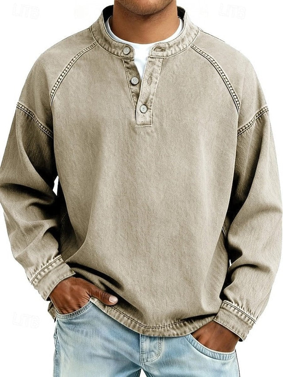 Men's Retro Washed Henley Long-Sleeve Knit Sweater Pullover - Detail & Stitching | Lavisa