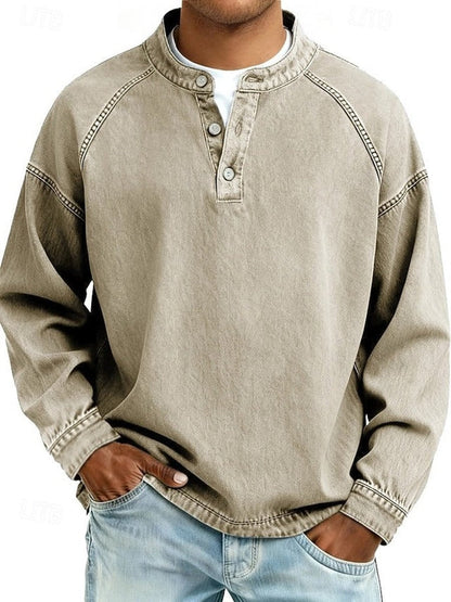 Men's Retro Washed Henley Long-Sleeve Knit Sweater Pullover - Detail & Stitching | Lavisa