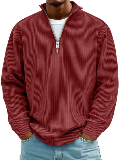 Men's Ribbed Knit Sweater Quarter-Zip Mock Neck Jumper - Side Angle | Lavisa