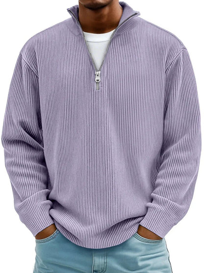 Men's Ribbed Knit Sweater Quarter-Zip Mock Neck Jumper - Back View | Lavisa