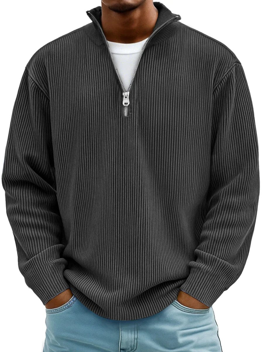 Men's Ribbed Knit Sweater Quarter-Zip Mock Neck Jumper - Close-Up Fabric Texture | Lavisa