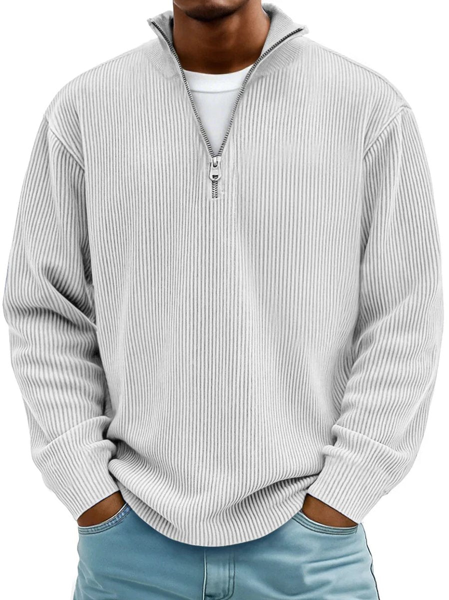 Men's Ribbed Knit Sweater Quarter-Zip Mock Neck Jumper - Detail & Stitching | Lavisa