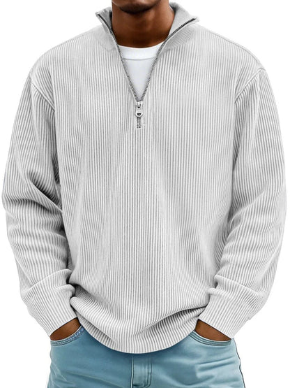 Men's Ribbed Knit Sweater Quarter-Zip Mock Neck Jumper - Detail & Stitching | Lavisa