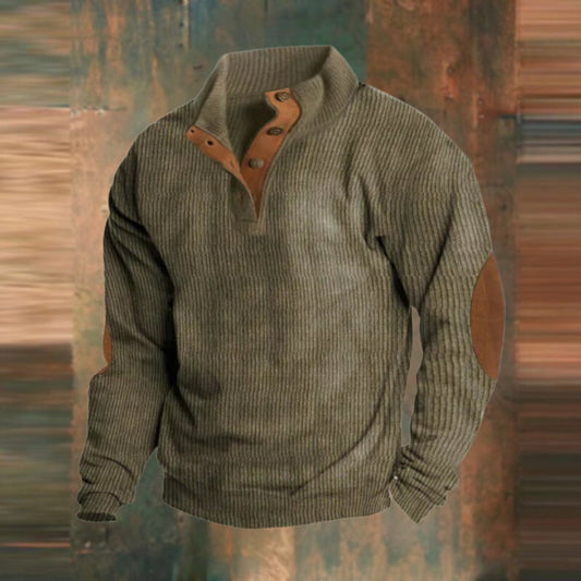 Lavisa - Men's Ribbed Knit Sweater Quarter-Zip Suede Elbow Patch Pullover