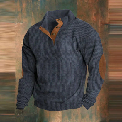 Men's Ribbed Knit Sweater Quarter-Zip Suede Elbow Patch Pullover - Side Angle | Lavisa