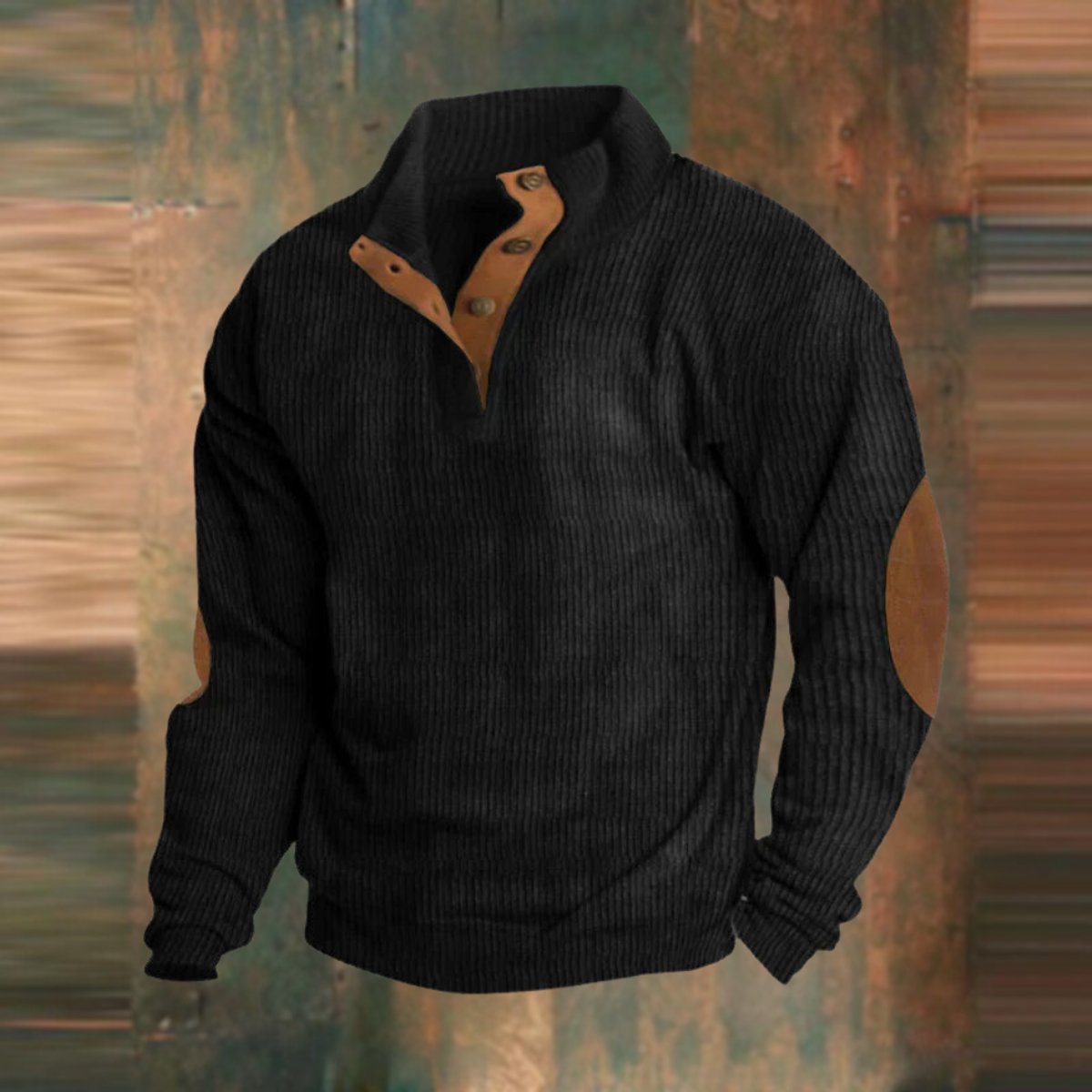 Men's Ribbed Knit Sweater Quarter-Zip Suede Elbow Patch Pullover - Detail & Stitching | Lavisa