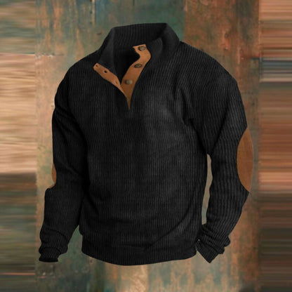 Men's Ribbed Knit Sweater Quarter-Zip Suede Elbow Patch Pullover - Detail & Stitching | Lavisa