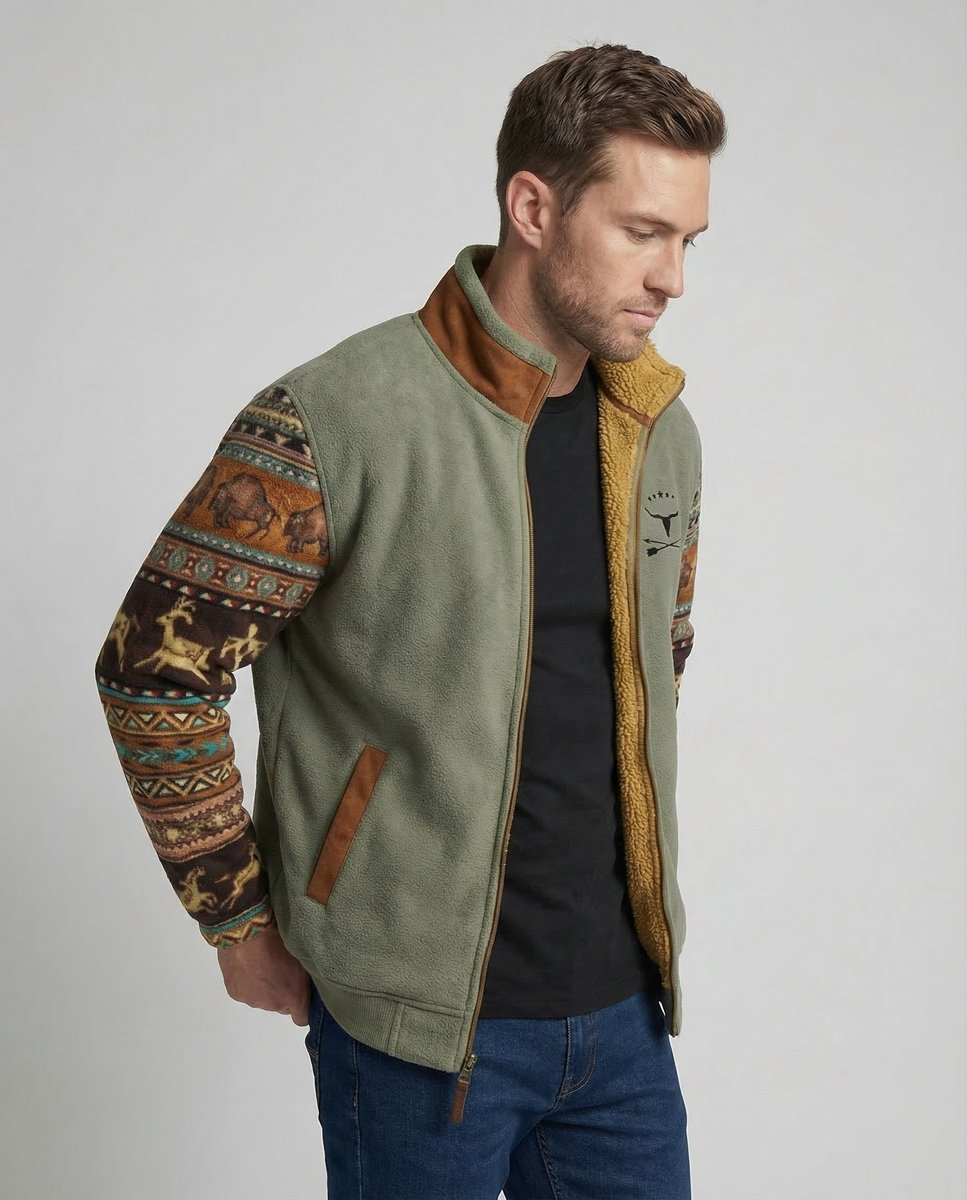 Men's Sherpa-Lined Aztec-Print Zip-Up Fleece Jacket - Side Angle | Lavisa
