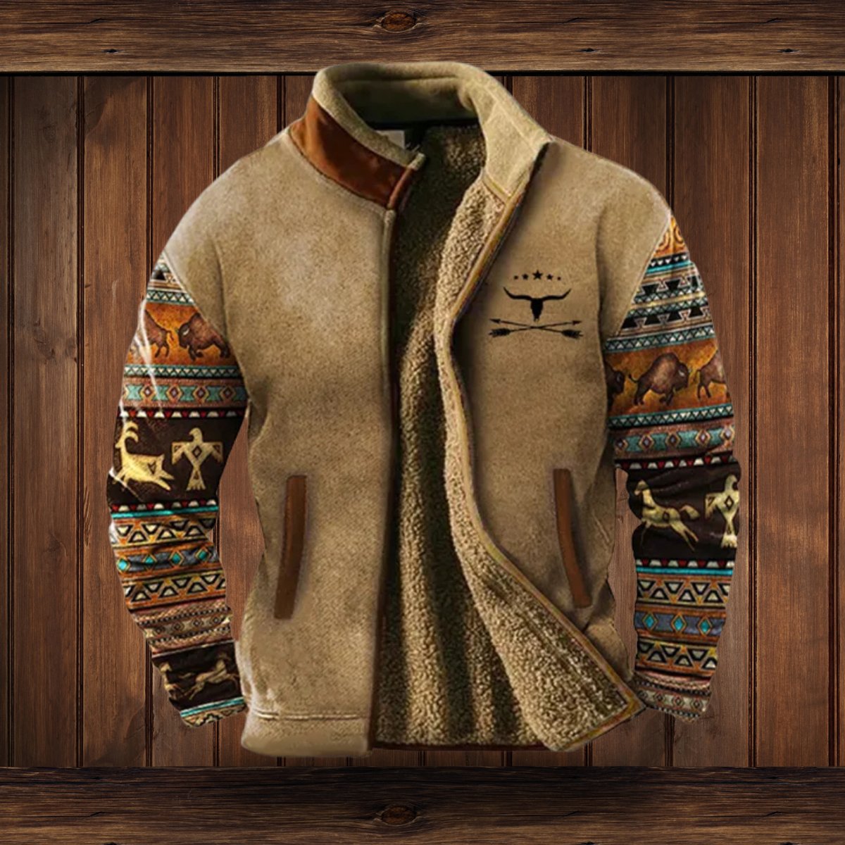 Men's Sherpa-Lined Aztec-Print Zip-Up Fleece Jacket - Sole & Material View | Lavisa