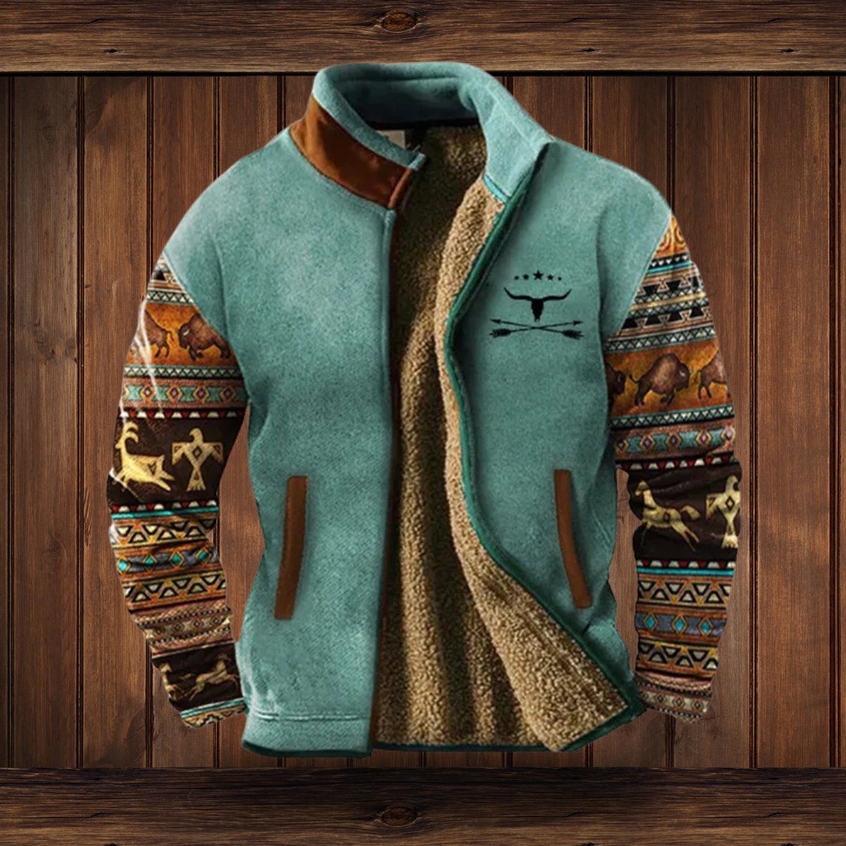 Men's Sherpa-Lined Aztec-Print Zip-Up Fleece Jacket - Lifestyle & Model Angle | Lavisa