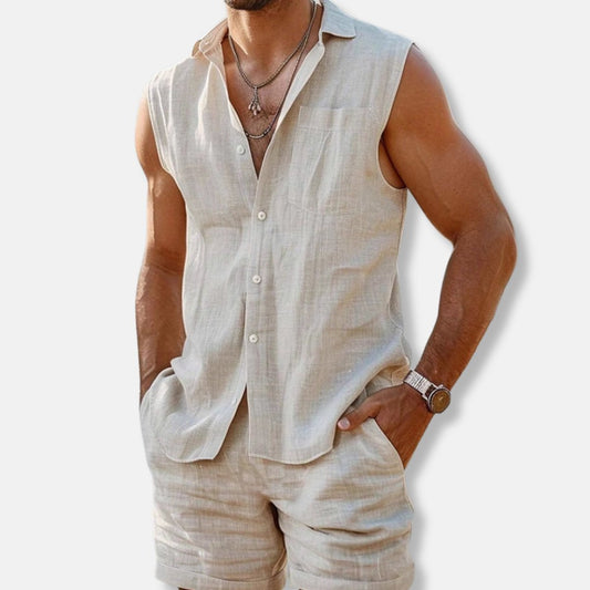 Lavisa - Men's Sleeveless Button-Down Linen-Look Shirt Shorts Set
