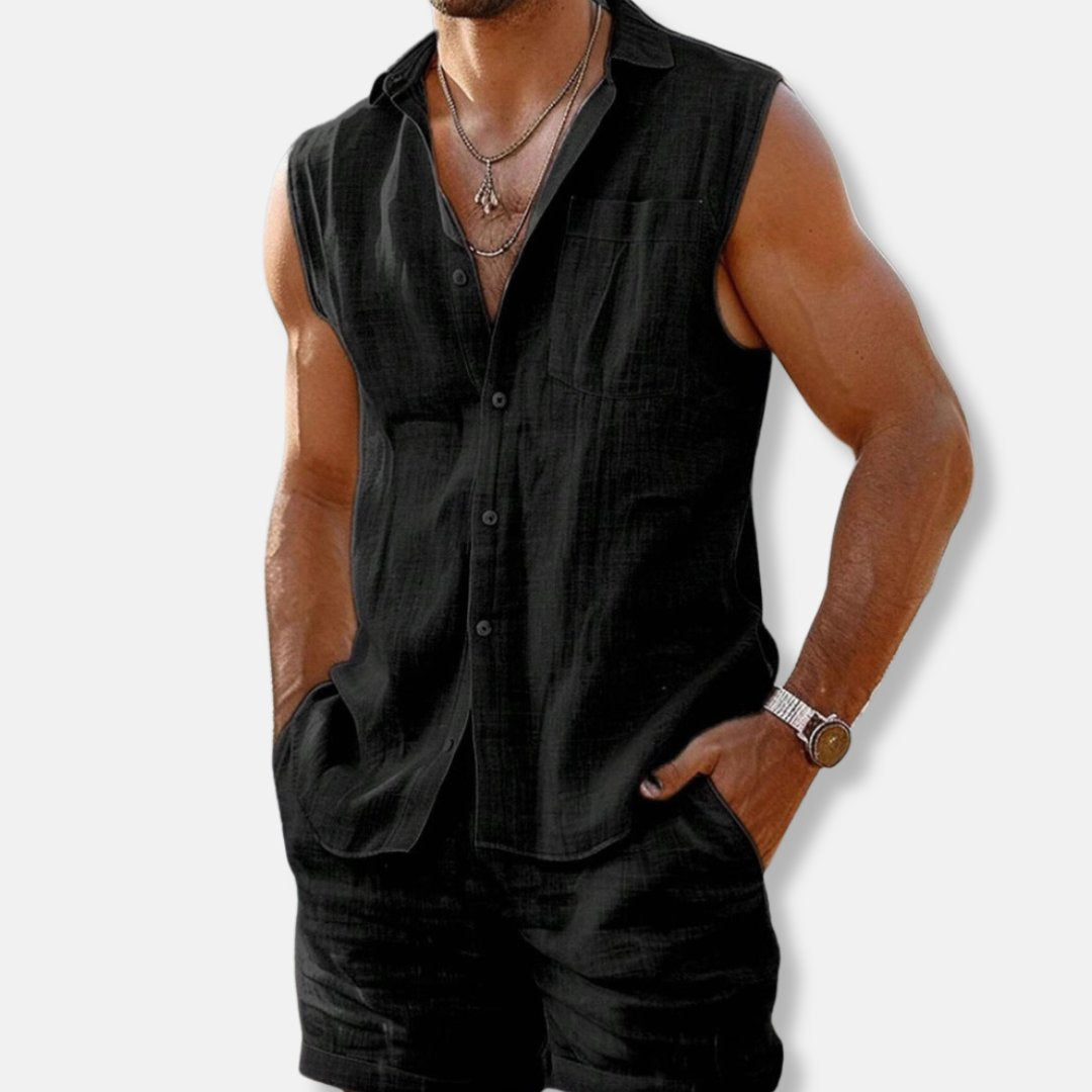 Men's Sleeveless Button-Down Linen-Look Shirt Shorts Set - Side Angle | Lavisa
