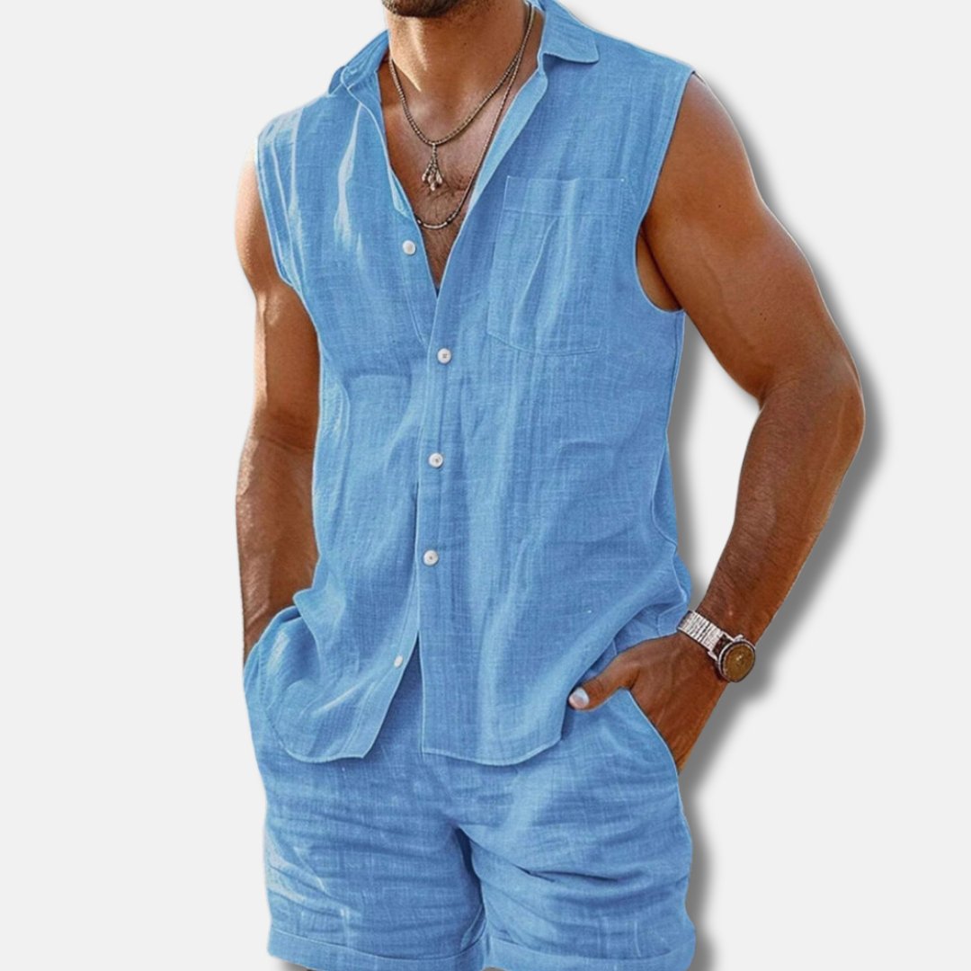 Men's Sleeveless Button-Down Linen-Look Shirt Shorts Set - Back View | Lavisa