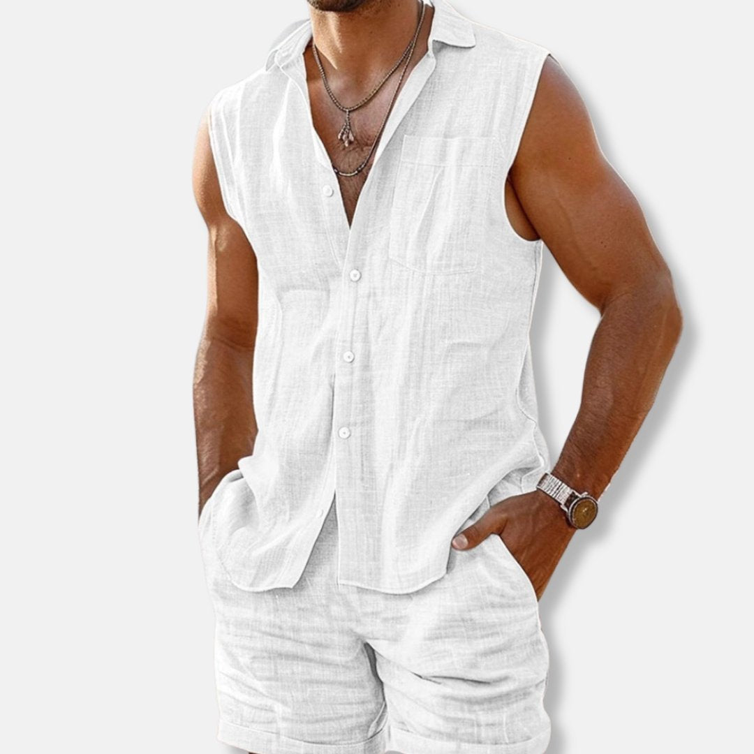 Men's Sleeveless Button-Down Linen-Look Shirt Shorts Set - Close-Up Texture & Detail | Lavisa