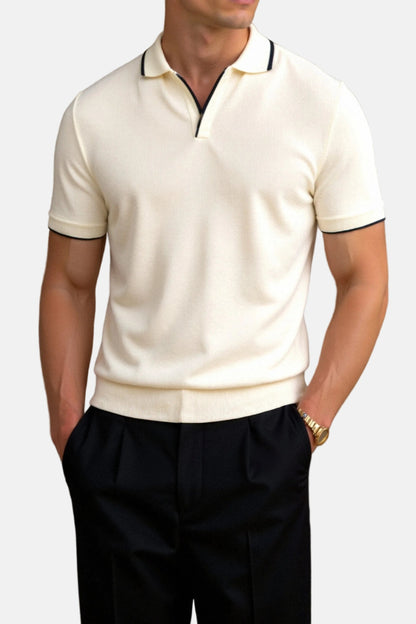 Men's Slim Fit Open-Collar Knit Cotton Polo Shirt - Front View | Lavisa