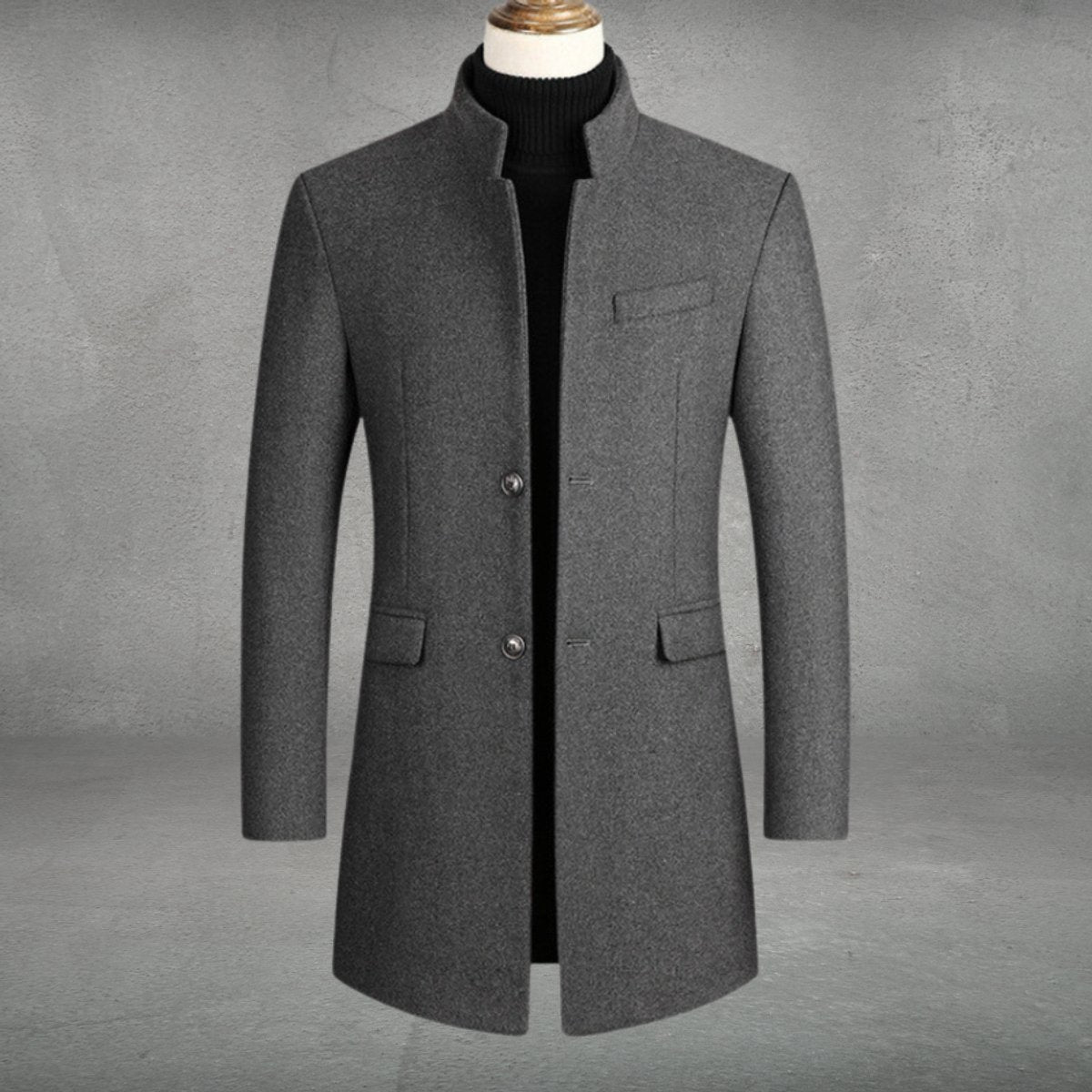 Men's Slim-Fit Wool Blend Coat Standing Collar Overcoat - Front View | Lavisa