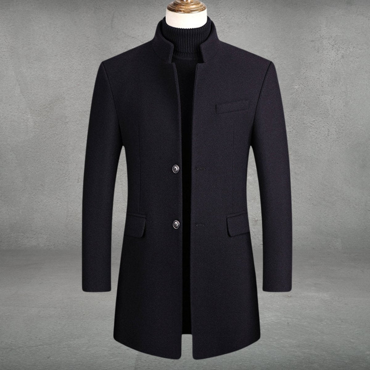 Men's Slim-Fit Wool Blend Coat Standing Collar Overcoat - Back View | Lavisa
