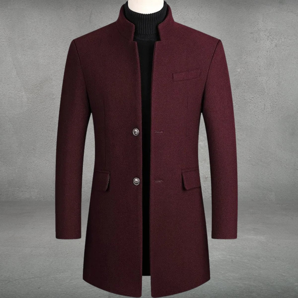 Men's Slim-Fit Wool Blend Coat Standing Collar Overcoat - Close-Up Texture & Detail | Lavisa