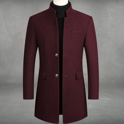 Men's Slim-Fit Wool Blend Coat Standing Collar Overcoat - Close-Up Texture & Detail | Lavisa