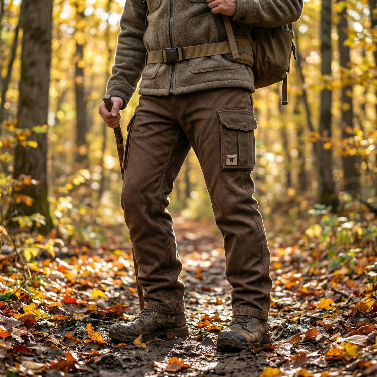 Men's Slim Tapered Cargo Trousers Bull Patch Side Pockets - Close-Up Texture & Detail | Lavisa