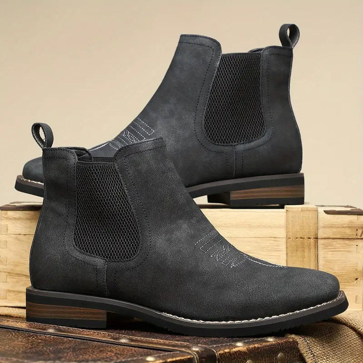 Lavisa - Men's Slip-On Chelsea Boots Tan Faux Leather Western Stitch