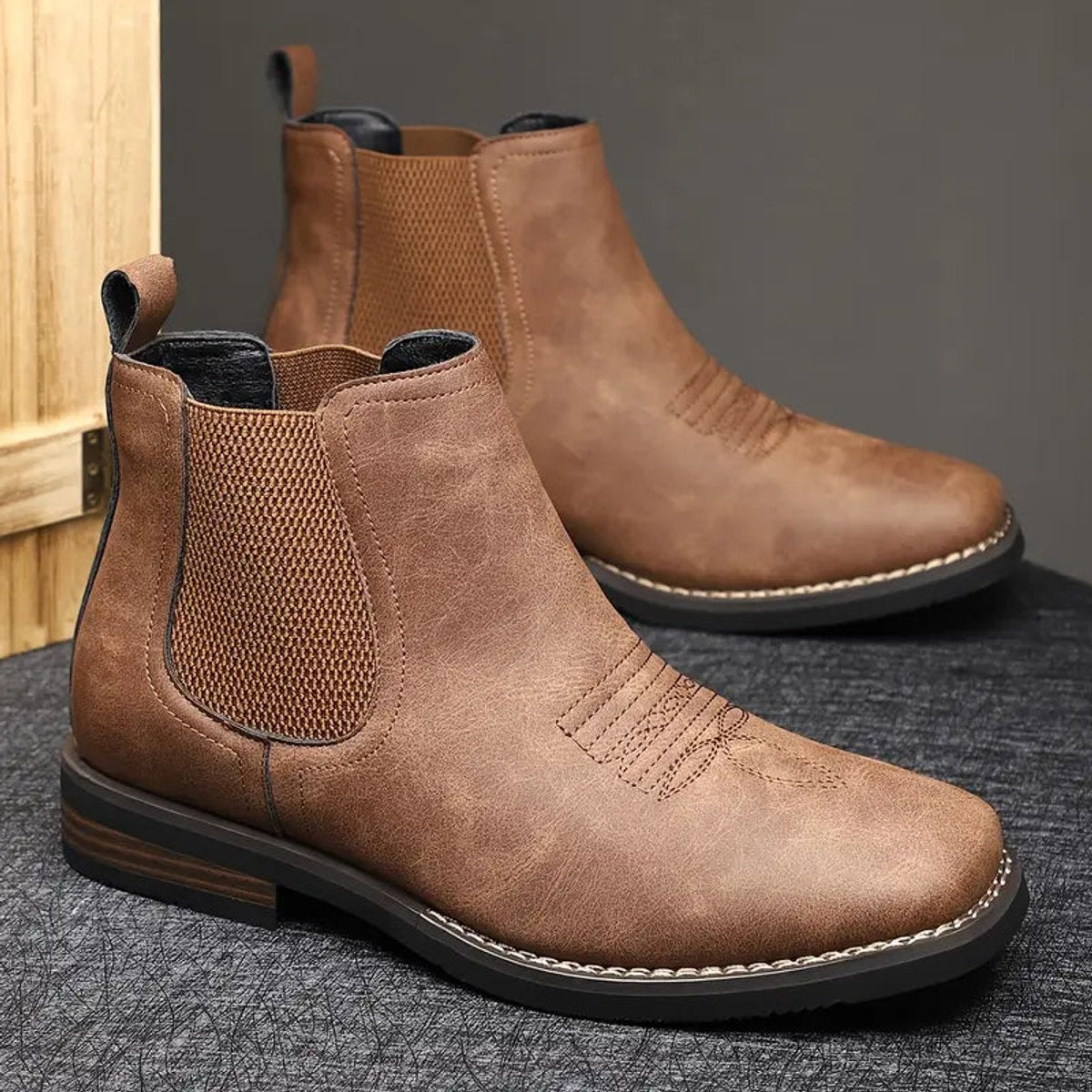 Lavisa - Men's Slip-On Chelsea Boots Tan Faux Leather Western Stitch