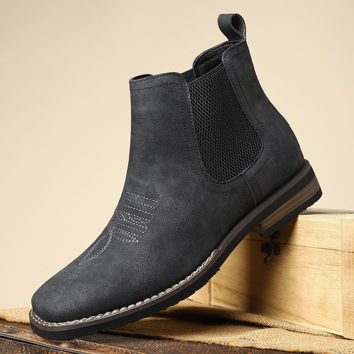 Lavisa - Men's Slip-On Chelsea Boots Tan Faux Leather Western Stitch