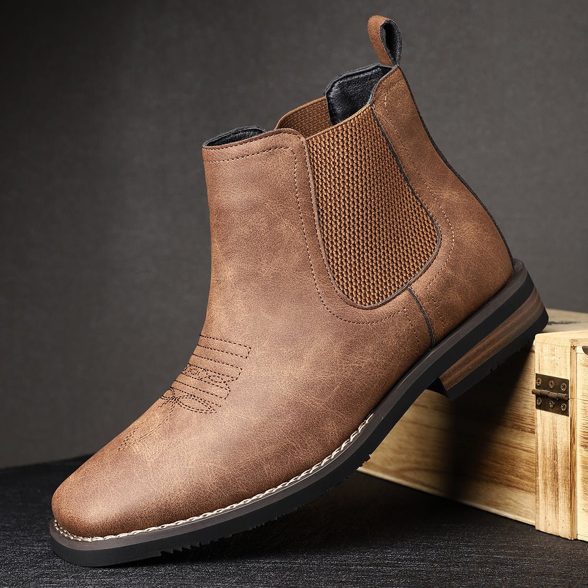 Lavisa - Men's Slip-On Chelsea Boots Tan Faux Leather Western Stitch