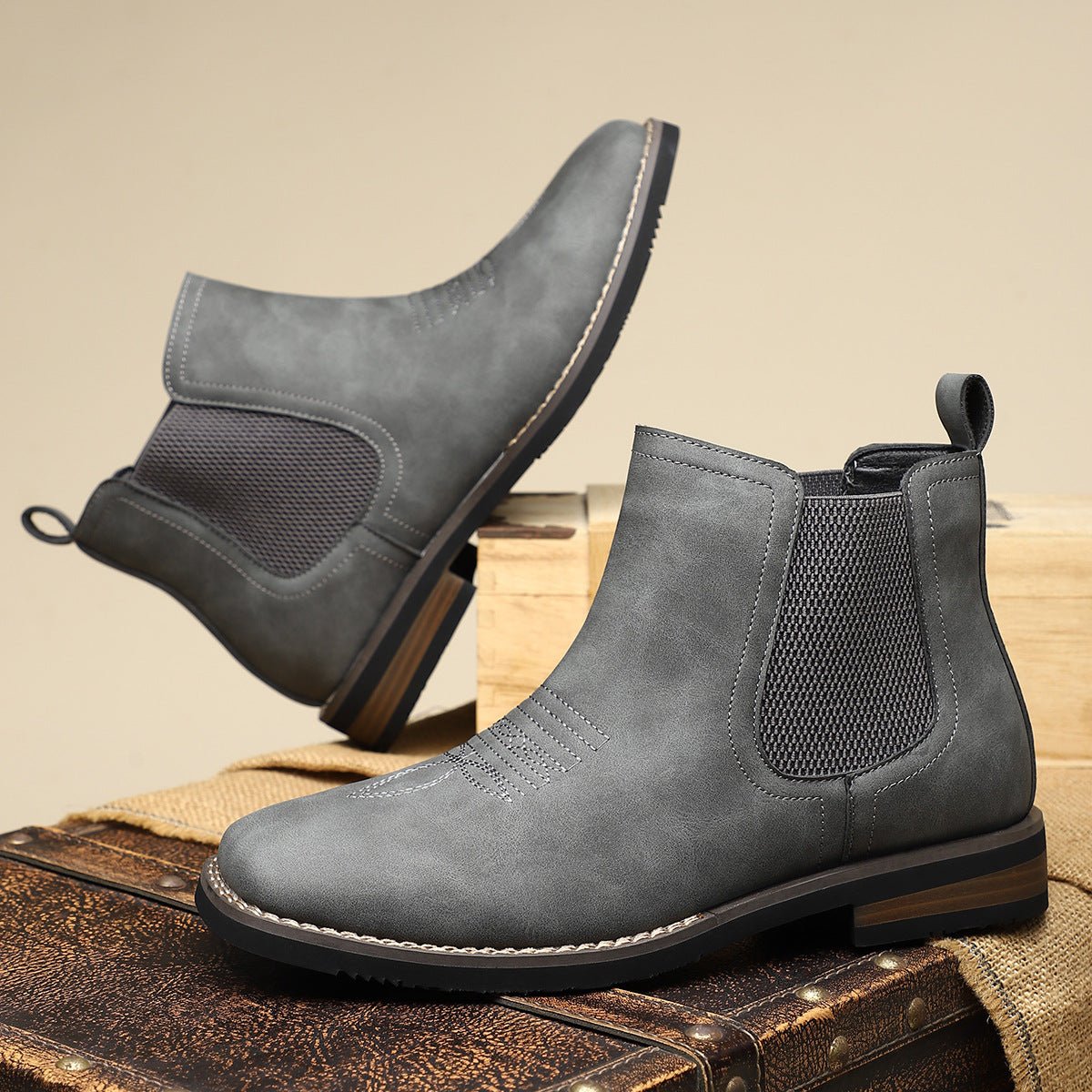 Lavisa - Men's Slip-On Chelsea Boots Tan Faux Leather Western Stitch