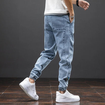 Men's Stretch Denim Elastic Waistband Jogger Trousers - Side Angle | Lavisa
