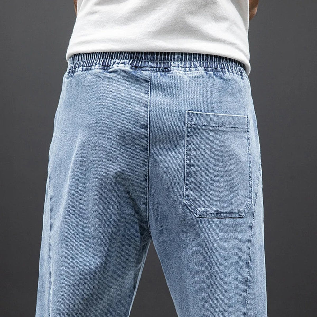 Men's Stretch Denim Elastic Waistband Jogger Trousers - Back View | Lavisa