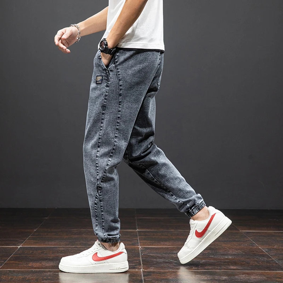 Men's Stretch Denim Elastic Waistband Jogger Trousers - Lifestyle & Model Angle | Lavisa
