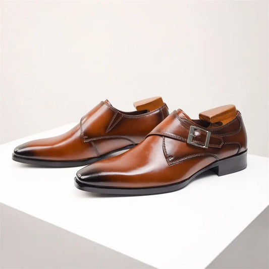 Lavisa - Men's Tan Leather-Look Single Monk Strap Dress Shoes