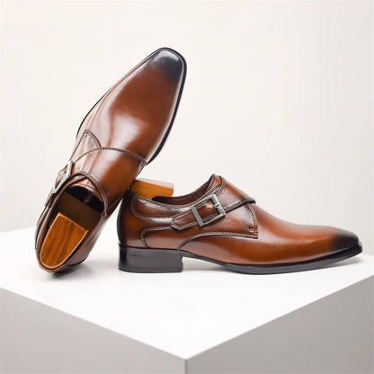 Men's Tan Leather-Look Single Monk Strap Dress Shoes - Side Angle | Lavisa