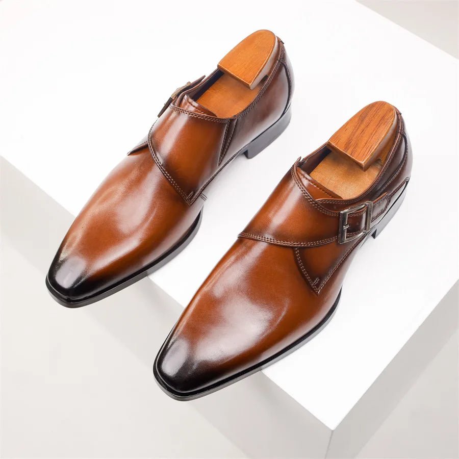 Men's Tan Leather-Look Single Monk Strap Dress Shoes - Back View | Lavisa