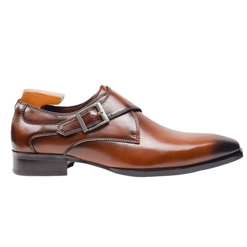 Men's Tan Leather-Look Single Monk Strap Dress Shoes - Close-Up Texture & Detail | Lavisa