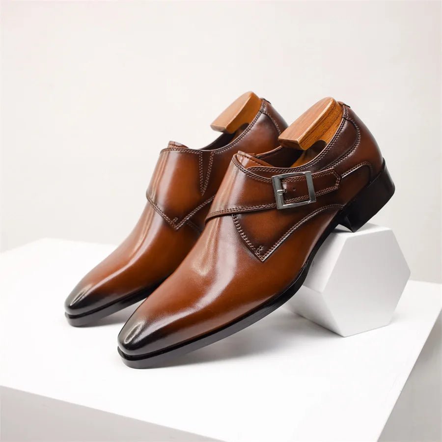 Men's Tan Leather-Look Single Monk Strap Dress Shoes - Sole & Material View | Lavisa