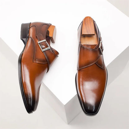 Men's Tan Leather-Look Single Monk Strap Dress Shoes - Lifestyle & Model Angle | Lavisa